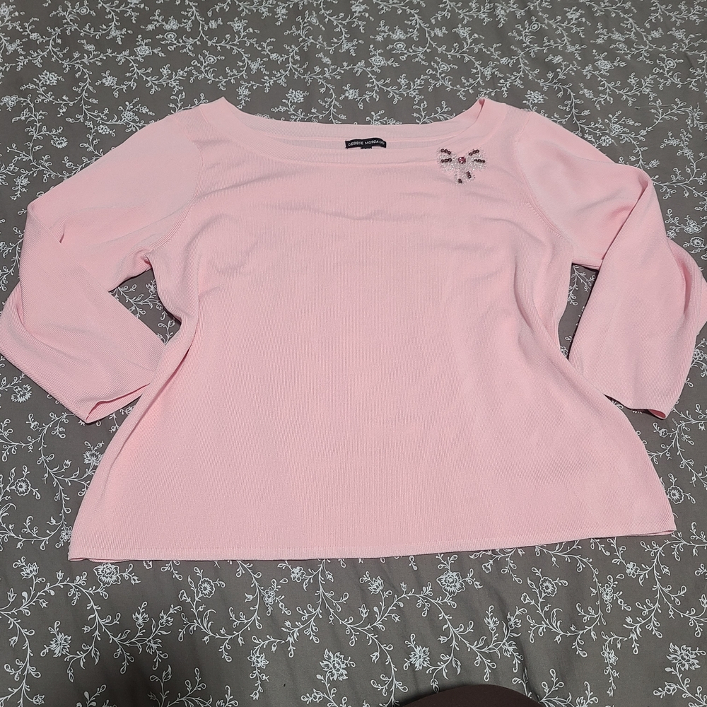 Debbie Morgan Light Pink 3/4 Long Sleeve Top With Rhinestone Bow